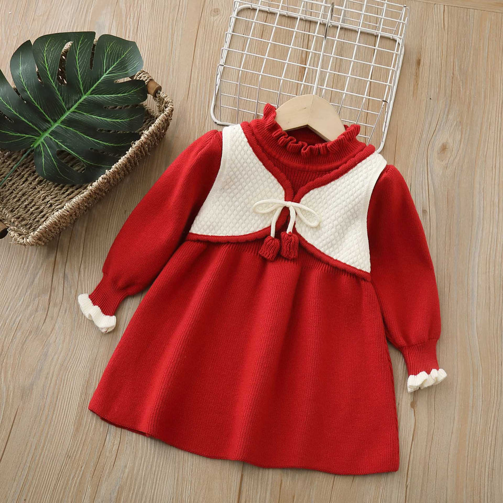 Girls' knit dress - new autumn/winter collection: stylish princess dress for baby girls, faux two-piece cardigan knit dress