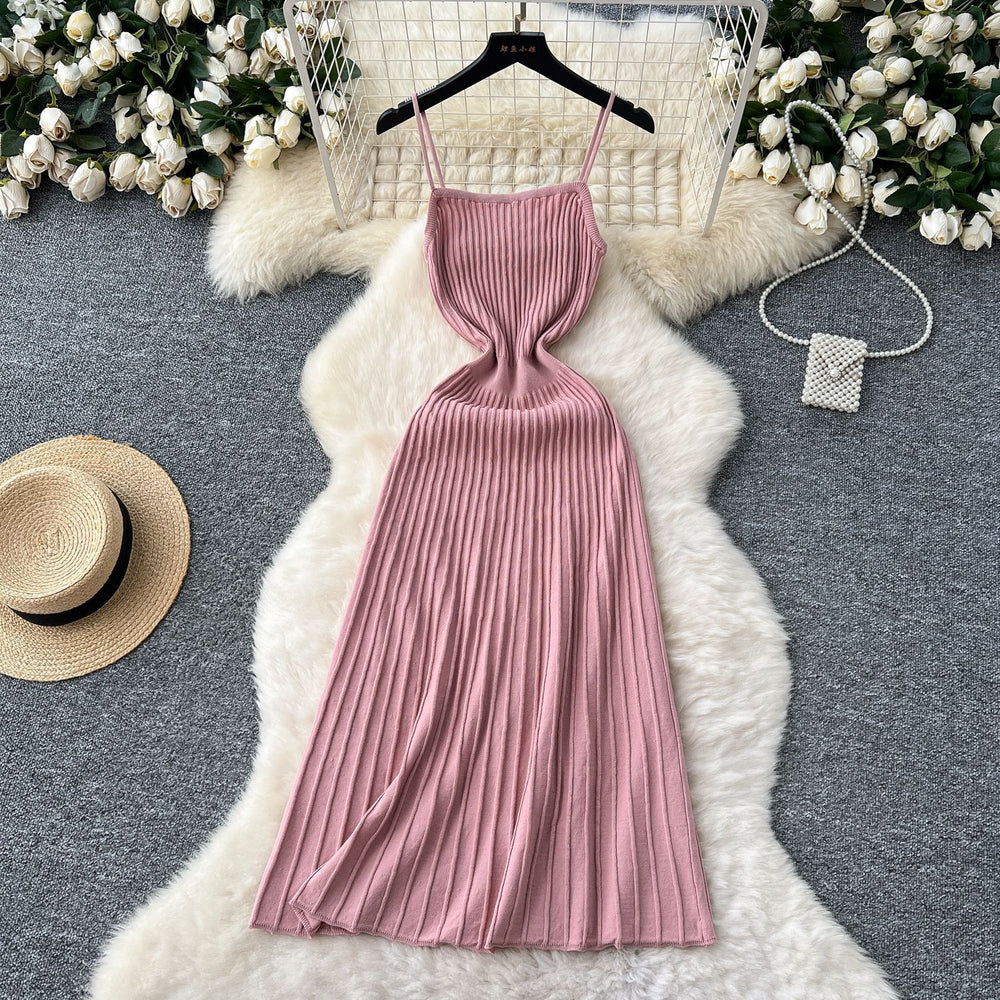 Women's summer dress  new arrival: elegant and chic spaghetti strap knit dress with vertical stripes - slimming, waist-defining, and perfect for layering