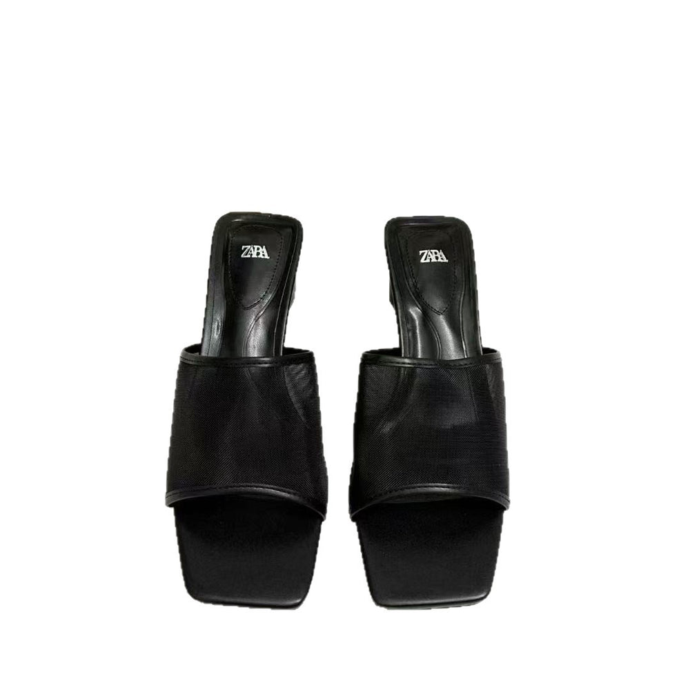 Za2025new arrival french beautiful square toe mesh open toe flip-flops summer outwear non-tiring high-heeled sandals