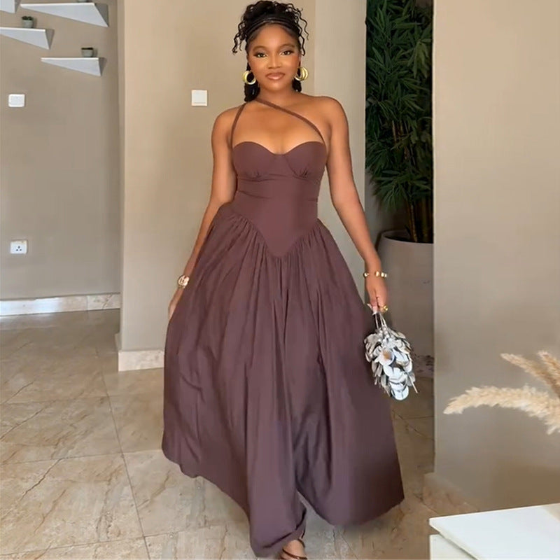 European and american cross-border women's fashion  summer new arrival: elegant ruched bandeau slimming high-waisted brown maxi dress