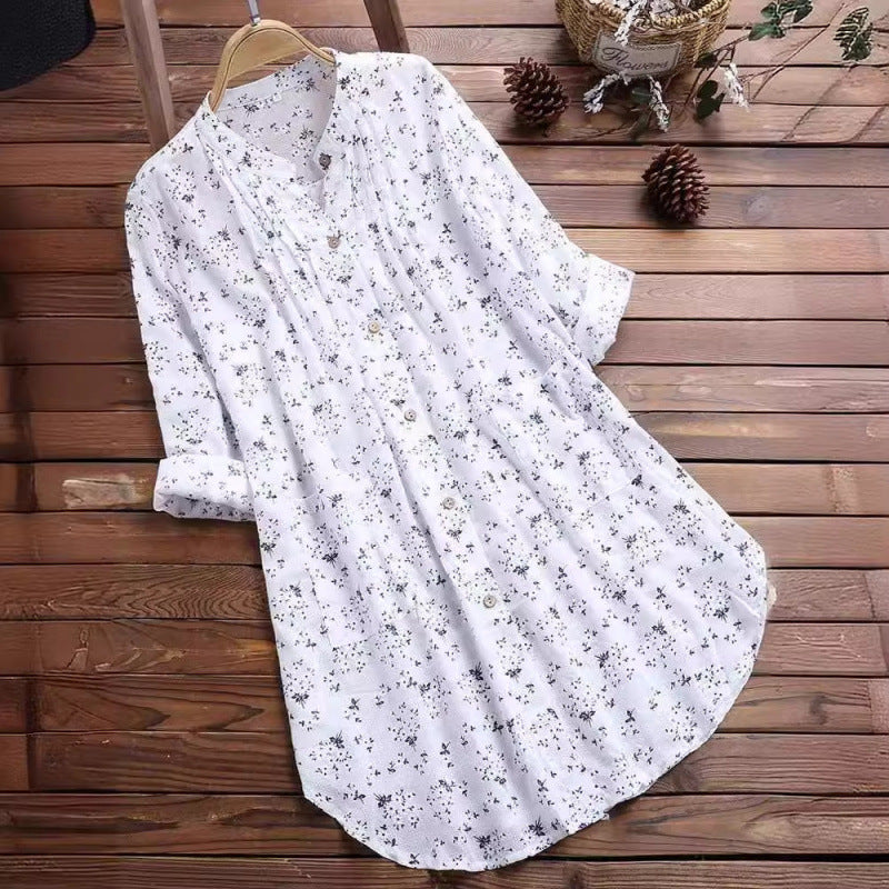 women's new cotton linen floral print mid-length loose fit shirt