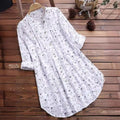 women's new cotton linen floral print mid-length loose fit shirt