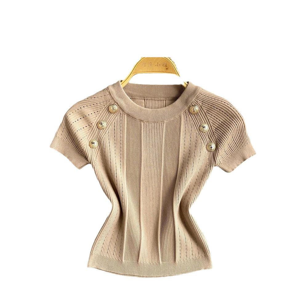 Fashion hot girl knitting round neck t-shirt women's summer thin shortslimming looksense of designeasiest for match fried street pure desiretops