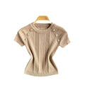 Fashion hot girl knitting round neck t-shirt women's summer thin shortslimming looksense of designeasiest for match fried street pure desiretops