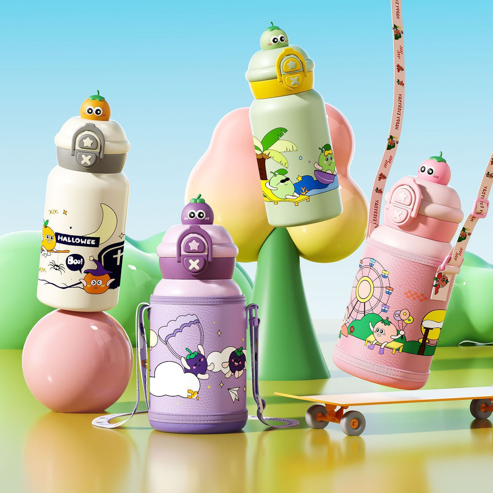 Double-drink kids' thermos with straw, 316 stainless steel, cartoon portable bounce lid, creative figurine student water bottle