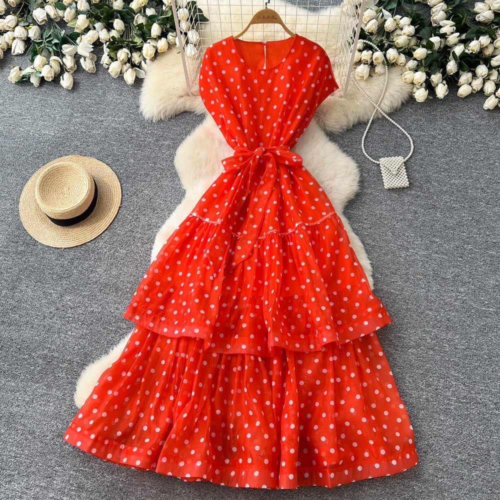 French polka dot round neck sleeveless dress women's red high waist slimming a-line dress elegant commute maxi dress