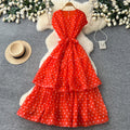 French polka dot round neck sleeveless dress women's red high waist slimming a-line dress elegant commute maxi dress