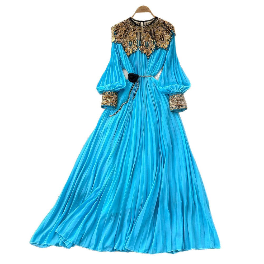 Frenchclassyelegance heavy industry embroidered beads sequin patchwork lantern sleeves straps waist pleated dress women's long skirt