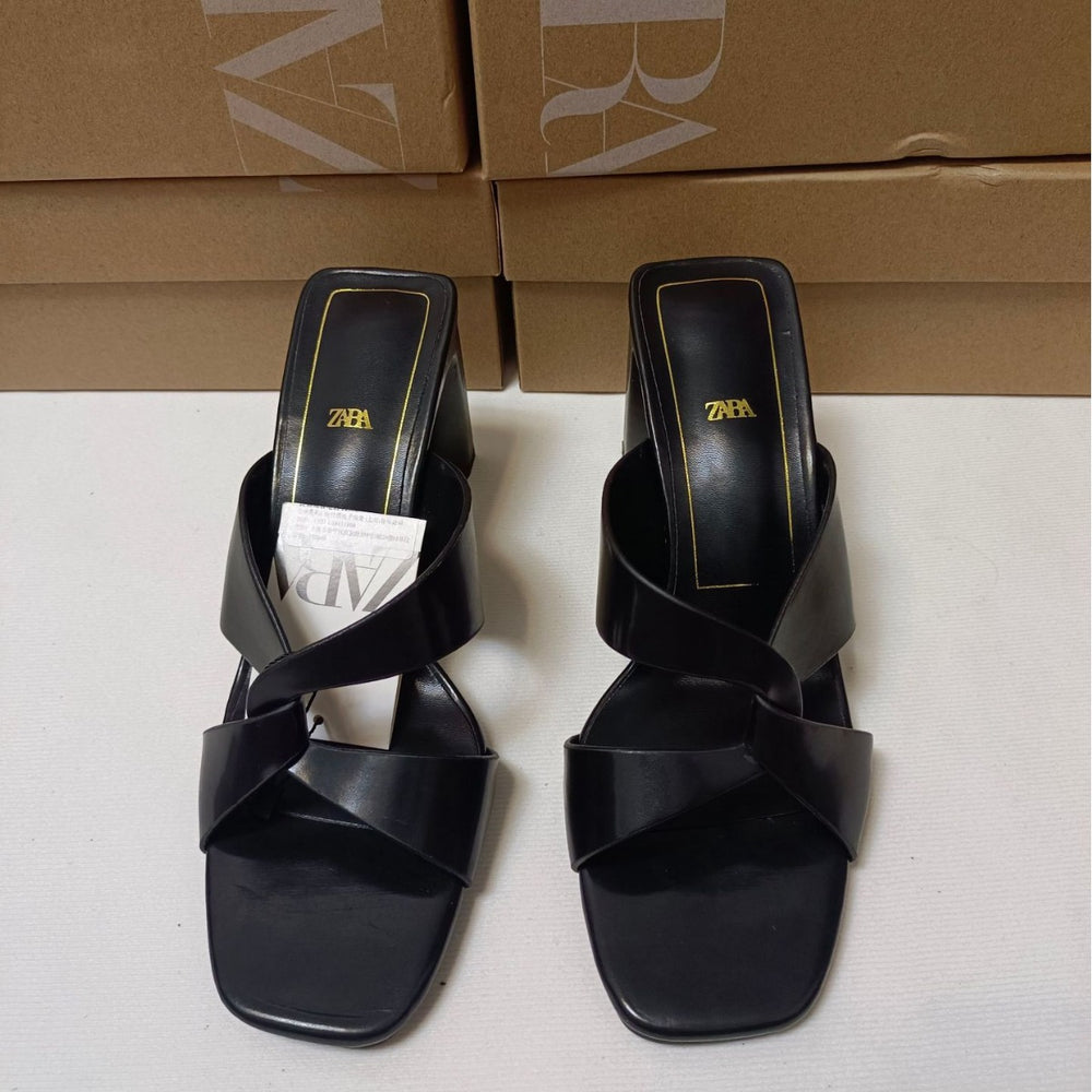 Spanish za brand 2024 summer new square toe outerwear cow leather versatile comfortable chunky heel high heel sandals and slippers for women