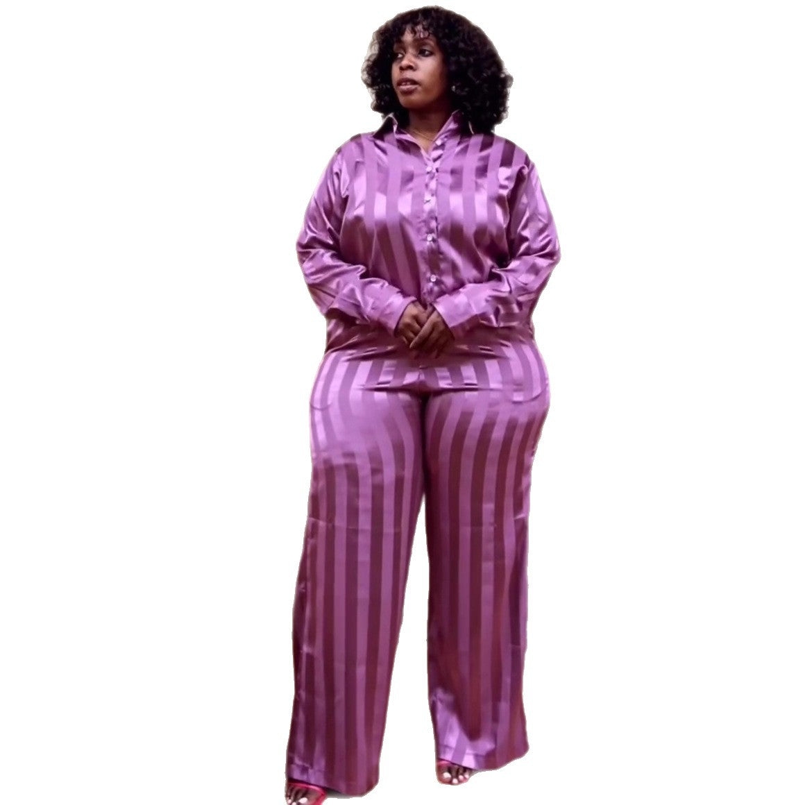 European and American large size lapel striped cardigan shirt top trousers women's African loose foreign style fashion new two-piece set