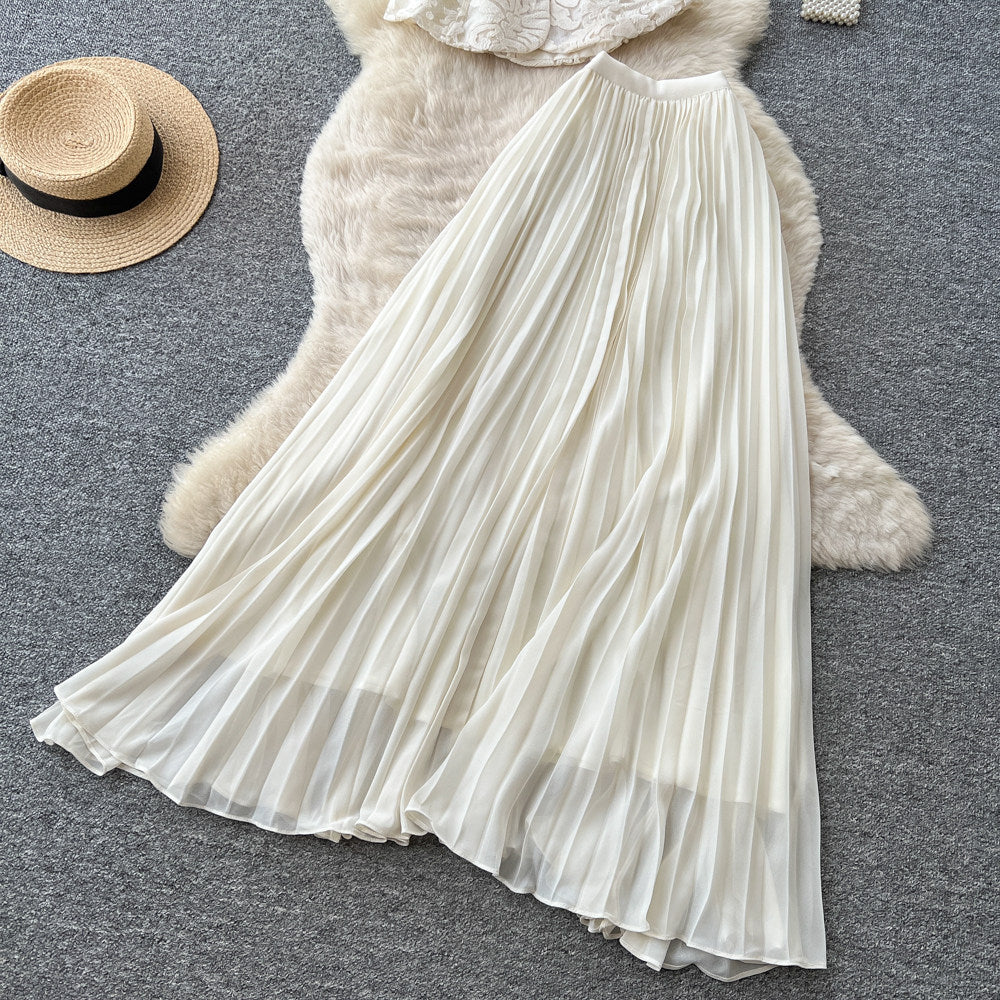 French chic v-neck lace embroidered top & high-waisted pleated skirt two-piece set - elegant & slimming summer outfit