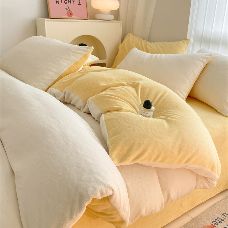 Solid color milk fleece four-piece set, winter thickened coral fleece bed sheet quilt cover, Nantong flannel bed three-piece set
