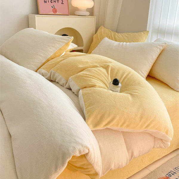 Solid color milk fleece four-piece set, winter thickened coral fleece bed sheet quilt cover, Nantong flannel bed three-piece set