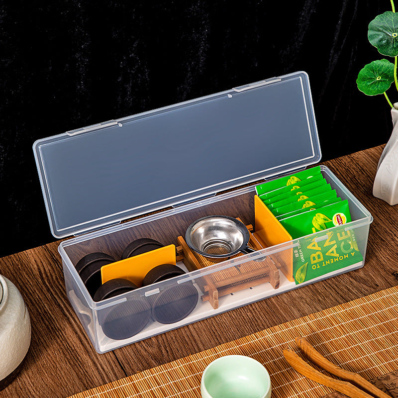 Plastic Kung Fu tea teacup tea set storage box with lid, dustproof and stackable multi-functional transparent desktop storage box