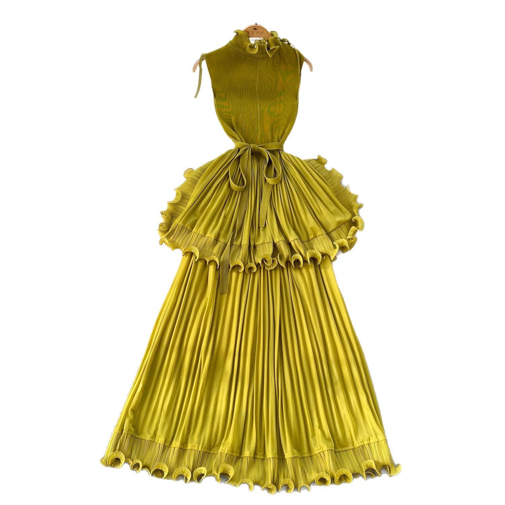 European and american light luxury sleeveless dress - women's summer ruffle hem, cinched waist, elegant, unique, exquisite maxi dress
