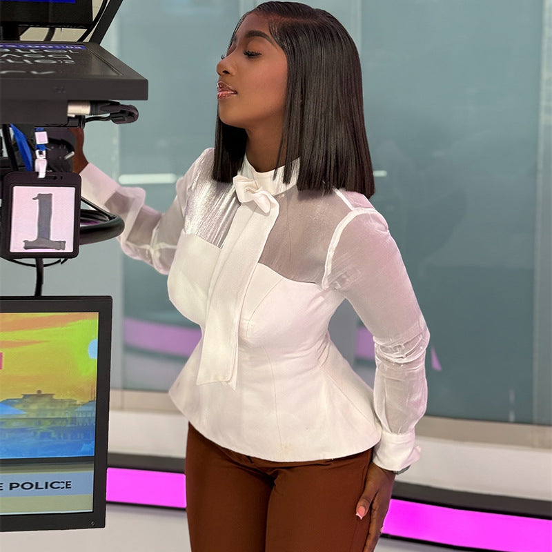 European and American  women's clothing 2025 autumn new fashionable fresh semi-turtleneck bow waist solid color shirt top