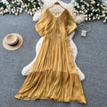 Vacation style stereo flower embroiderdress female summerv neck light mature style waist slimming look fairy draped long skirt