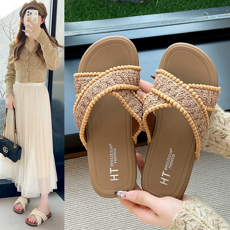 Giant gentle niche stylefrenchretro sandals and slippers for women sense of design roman sandals and slippers beach vacation soft bottom flip-flops