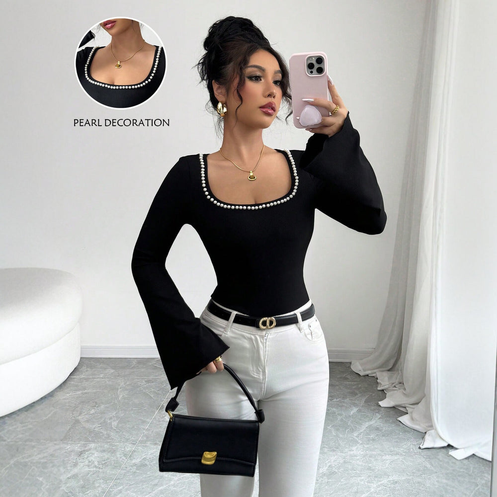 premium black square neck t-shirt for women - pearl embellished flare sleeve slim fit long sleeve top