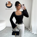 premium black square neck t-shirt for women - pearl embellished flare sleeve slim fit long sleeve top