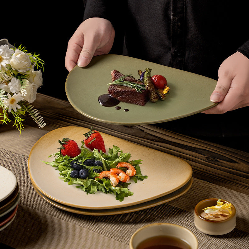Creative stylish triangle stoneware dinner plate western food steak plate pasta plate cooking plate home practical large dish plate
