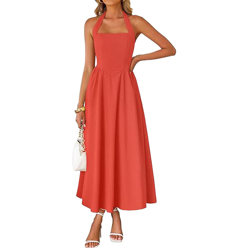 cross-border e-commerce women's fashion: european and american summer new arrivals - stylish and elegant wide strap halter neck backless dress