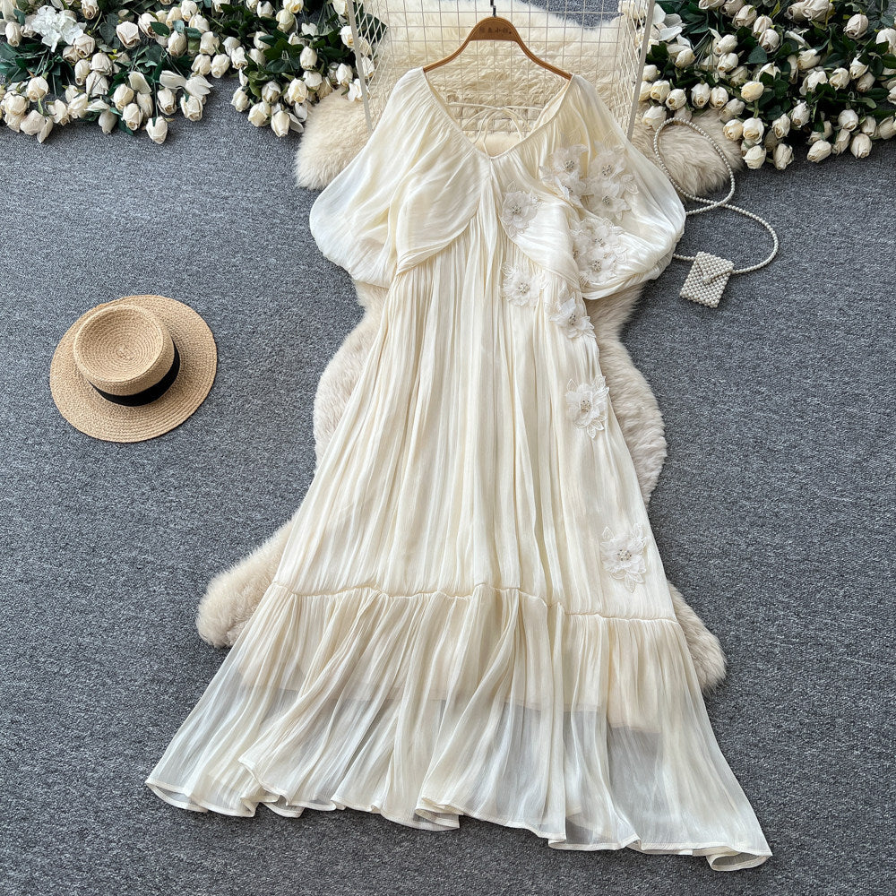 Vacation style stereo flower embroiderdress female summerv neck light mature style waist slimming look fairy draped long skirt