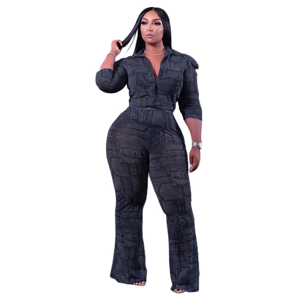 Plus size women's fashion: european & american style, cross-border , independent website, casual chic, faux denim patchwork long sleeve shirt two-piece set