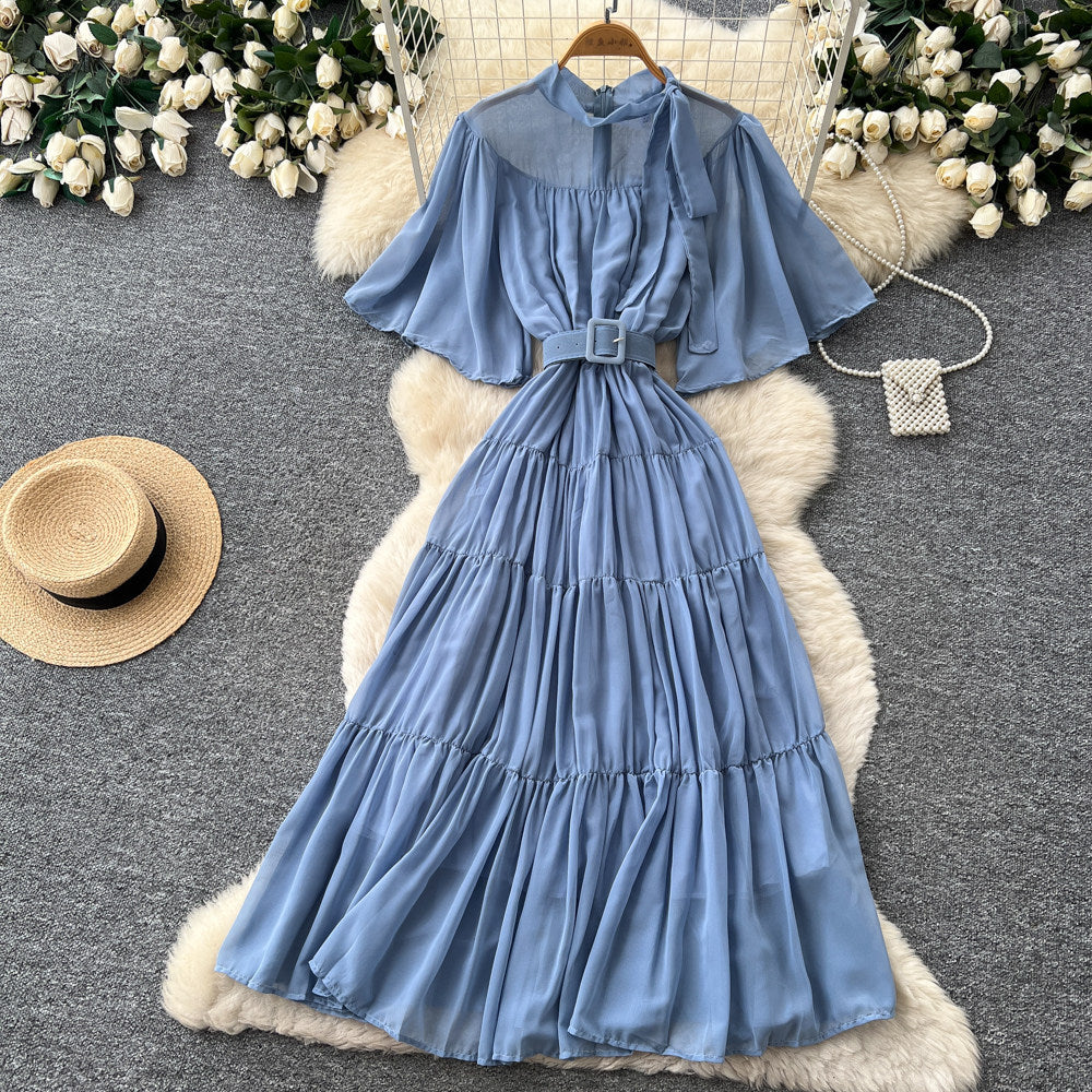 French court style lantern sleeve tiered dress - women's summer tie-waist a-line maxi dress - slimming & elegant