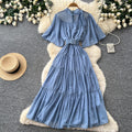 French court style lantern sleeve tiered dress - women's summer tie-waist a-line maxi dress - slimming & elegant