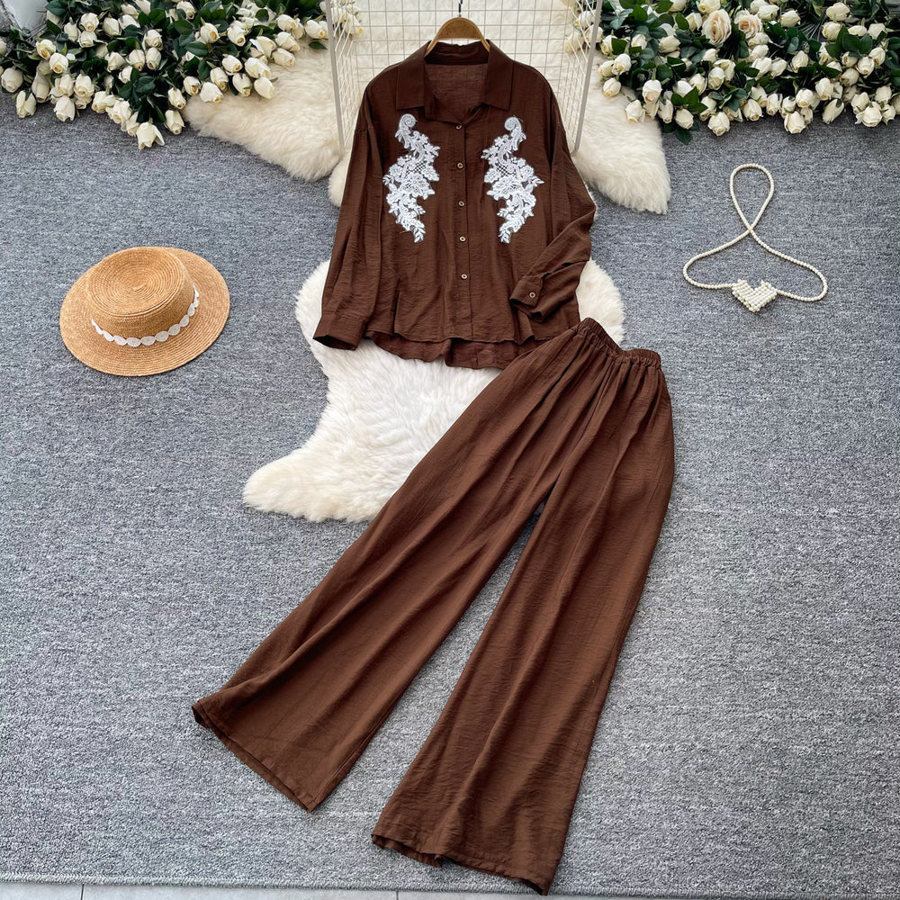 Lazy style pink embroidersequinshirtloose pantstwo-piece set female autumwork clothingslimming lookelegantfashionsuit