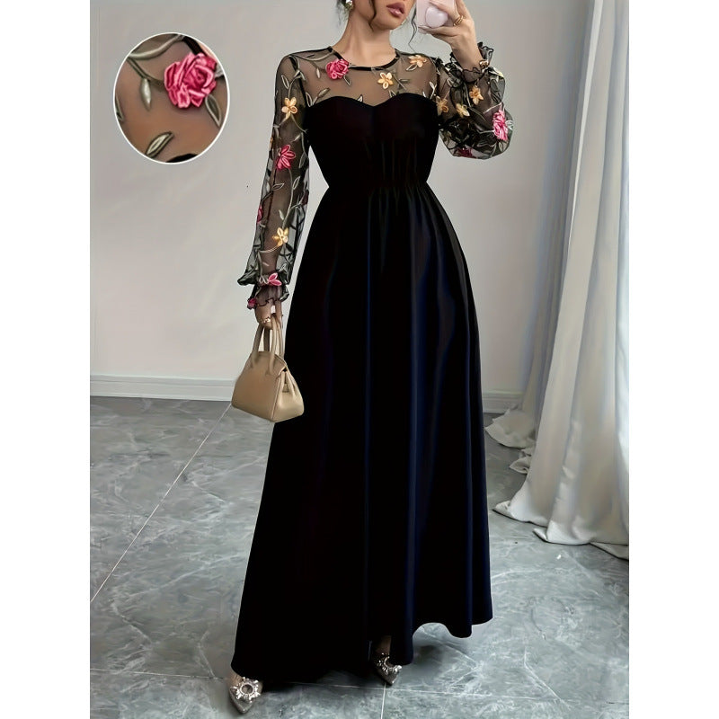code new arrival  women's original elegant fashion round neck mesh patchwork dress