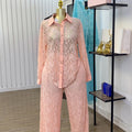 European and american cross-border women's fashion  autumn new arrival casual lace loose see-through long sleeve shirt wide leg pants set