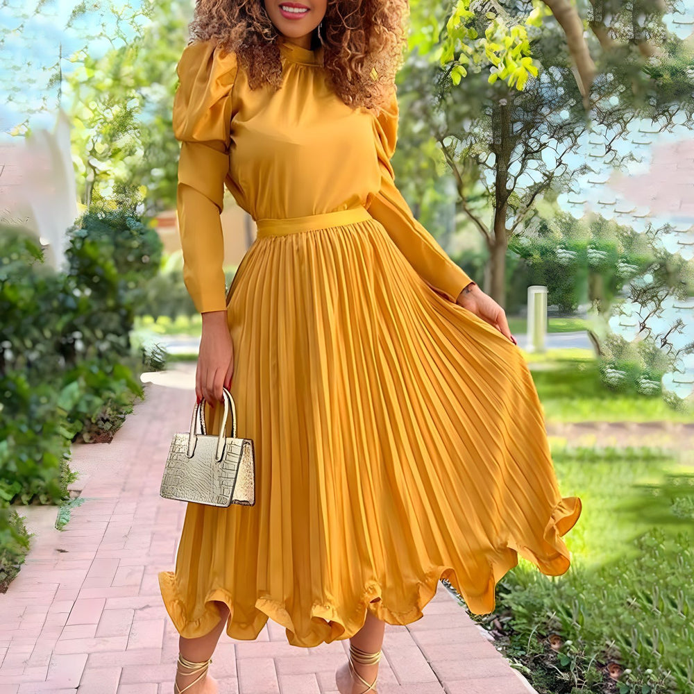 D3239 independent station fashion cross-border women's autumn puff sleeve tops pleated skirt two-piece set african suit