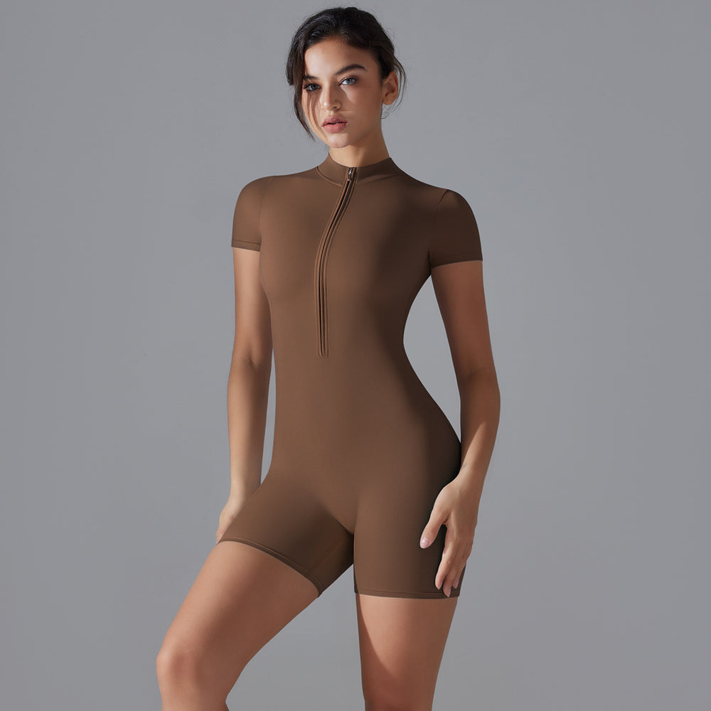 Naked all-in-one style yoga clothes half-open zipper short-sleeved fitness jumpsuit tight sports jumpsuit processing personalized
