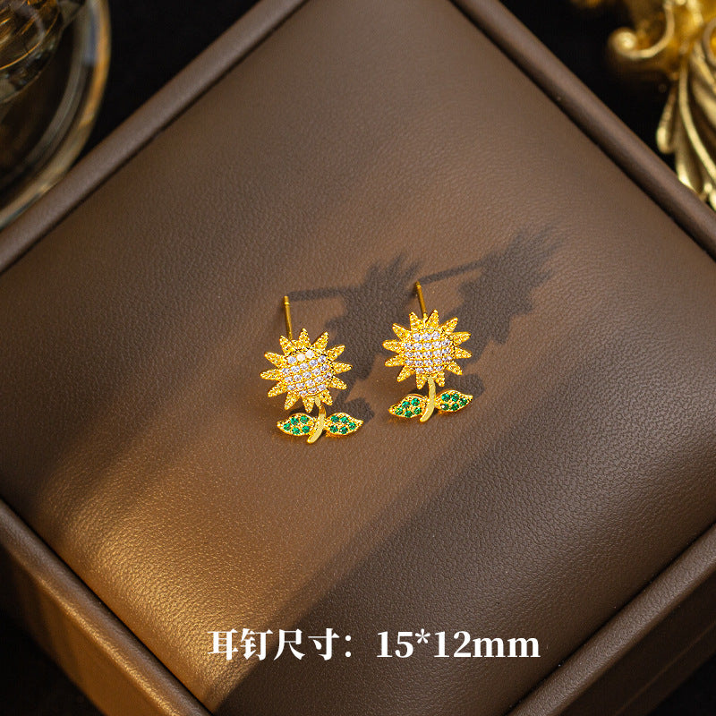 [titanium steel] new style full zirconium sunflower necklace women's earrings niche design high-end pendant clavicle chain jewelry