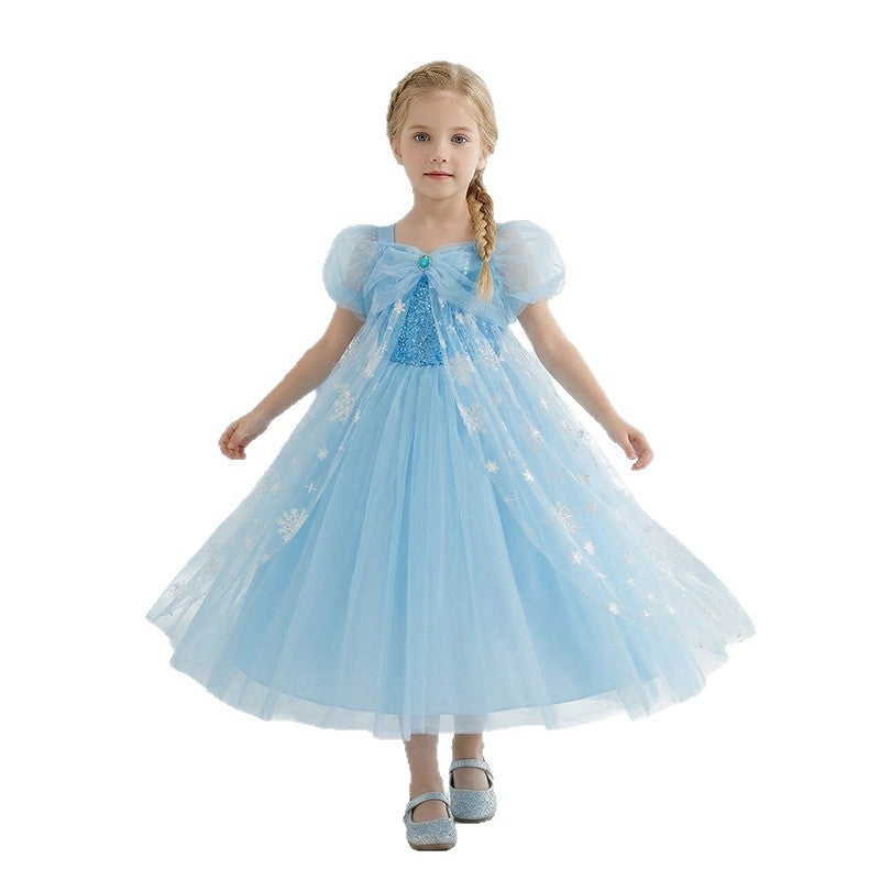 Frozen-themed cosplay costume for girls: princess dress with sequined cape, tulle train, and puffy flower girl skirt