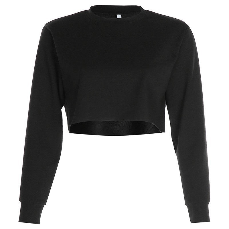 European and american  women's fashion new arrival: solid color, loose fit, slimming, cropped basic long sleeve lightweight sweatshirt jacket - in stock