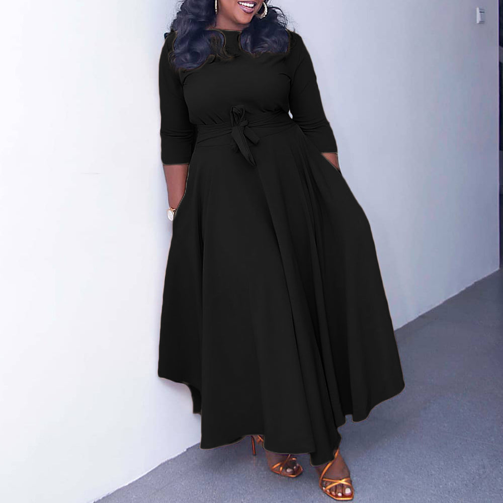 Q099 cross-border women's fashion:  autumn/winter new collection - elegant tie-waist african-style plus size midi dress for export
