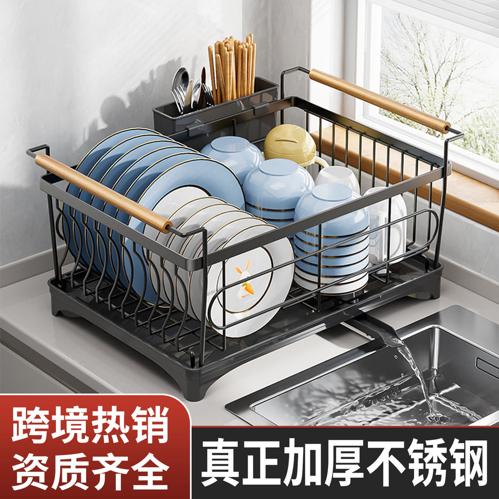 Stainless steel bowl rack, kitchen rack, countertop, household single-layer drain tray rack, large-capacity tableware and dish storage rack