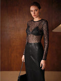 european and american cross-border new arrival: mesh-trimmed, sequined black lace slim-fit long-sleeve top