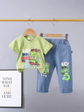 New boys' dinosaur skateboard print short-sleeve cotton t-shirt and jeans two-piece set - trendy summer outfit for toddlers and young children