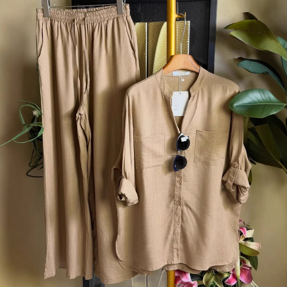 European and american cross-border women's clothing  summer new collection: casual, effortless style, loose-fit long sleeve shirt and wide-leg pants set