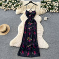 French chic sexy print cami dress - figure-flattering, hollow-out, backless, slim-fit vacation maxi dress