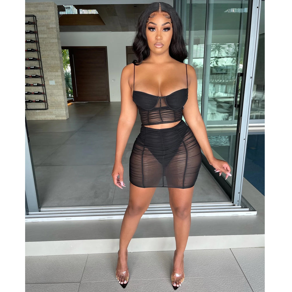 C5176 in-stock summer fashion sexy camisole solid color milk silk mesh see-through bodycon mini skirt two-piece set for women