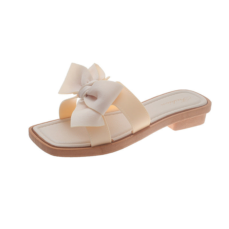 Popular square-toe bows slippers for women, summer outing, fashioneasiest for match low-heeled non-slip soft bottom outwear sandals