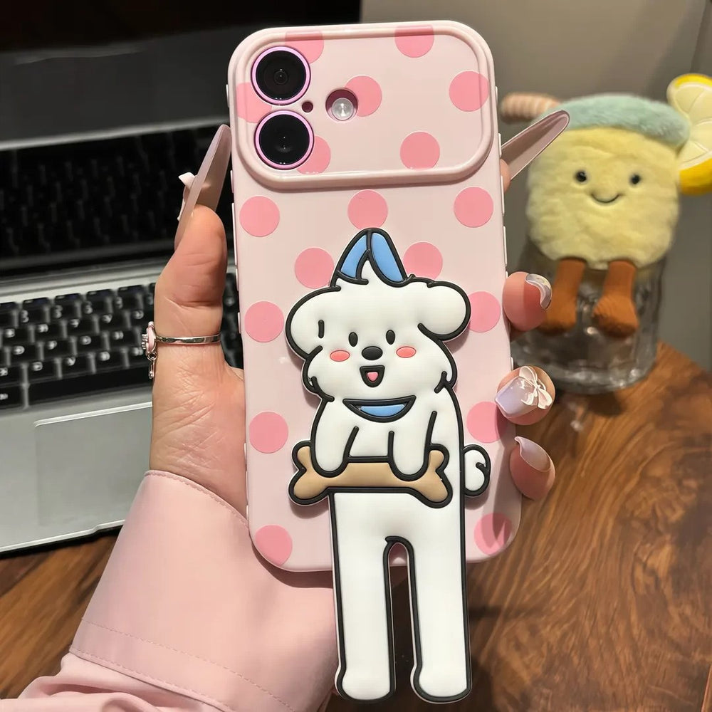Polka dot long white dog stand compatible iphone 16 cartoon phone case apple 17 pro max drop-proof soft case