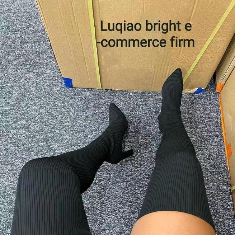 Autumn winter pointed toe thick heel knitting over-the-knee boots women's fashion cross-border exportplus size elastic wool socks boots