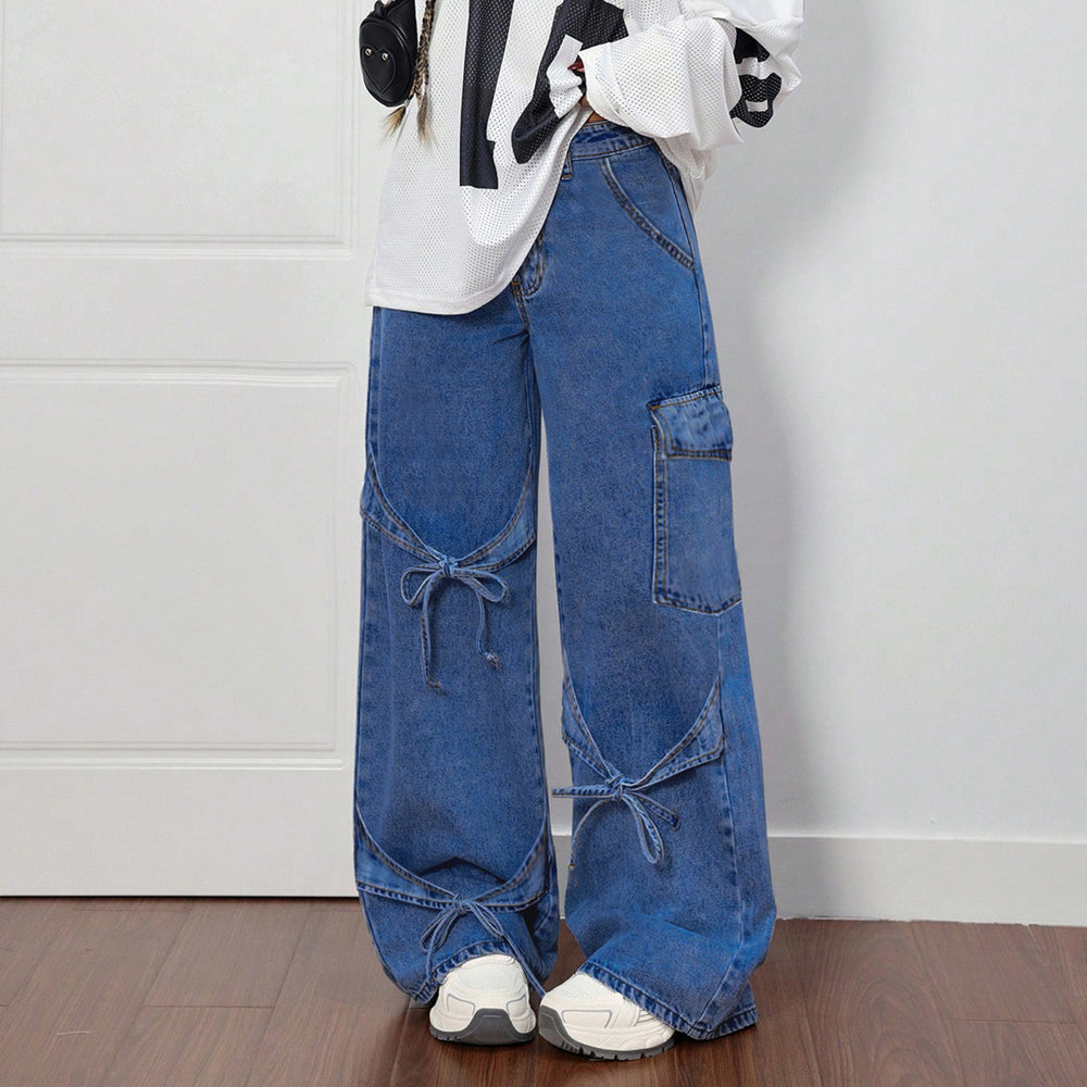 e-commerce  us & european design bow tie workwear style jeans women's casual straight-leg pants wide-leg pants
