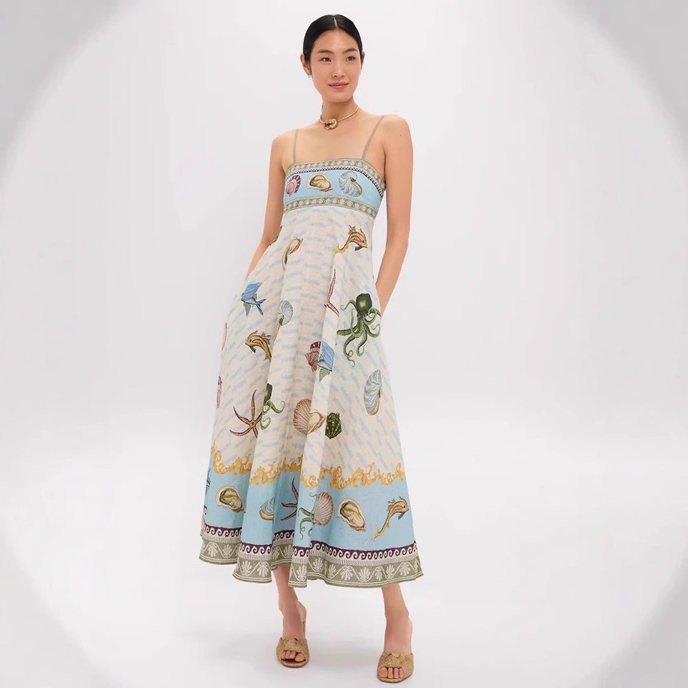 cross-border  women's new elegant high-waisted cotton linen printed camisole casual fashion dress